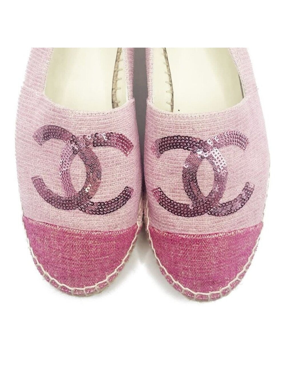 Chanel CC Logo Canvas Pink Sequin Espadrilles Flats Shoes 38