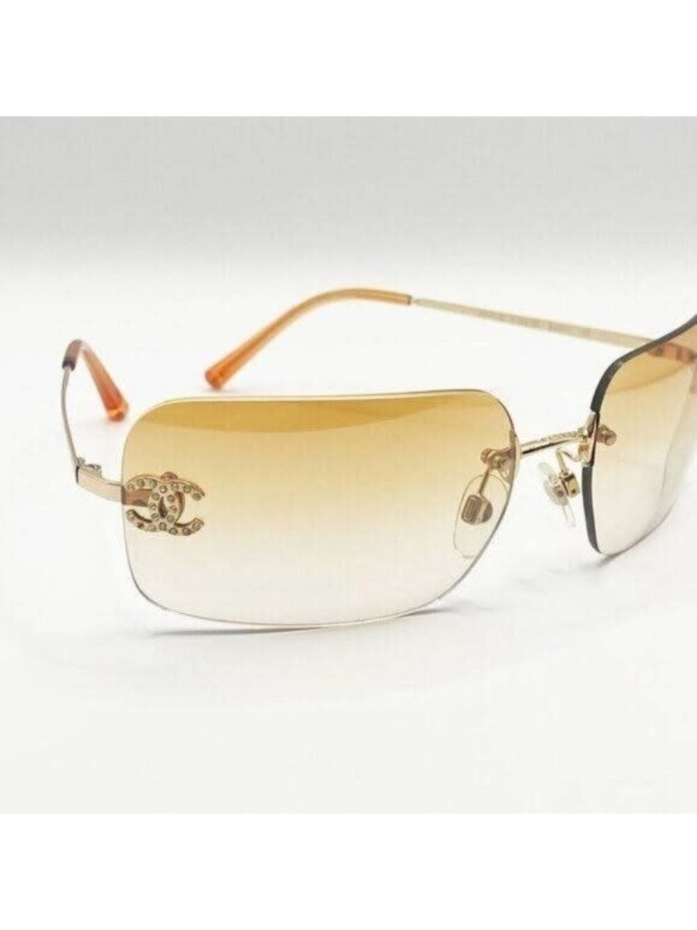 Chanel Vintage Sunglasses Rhinestone CC Logo Rimless Gradient Gold Orange
