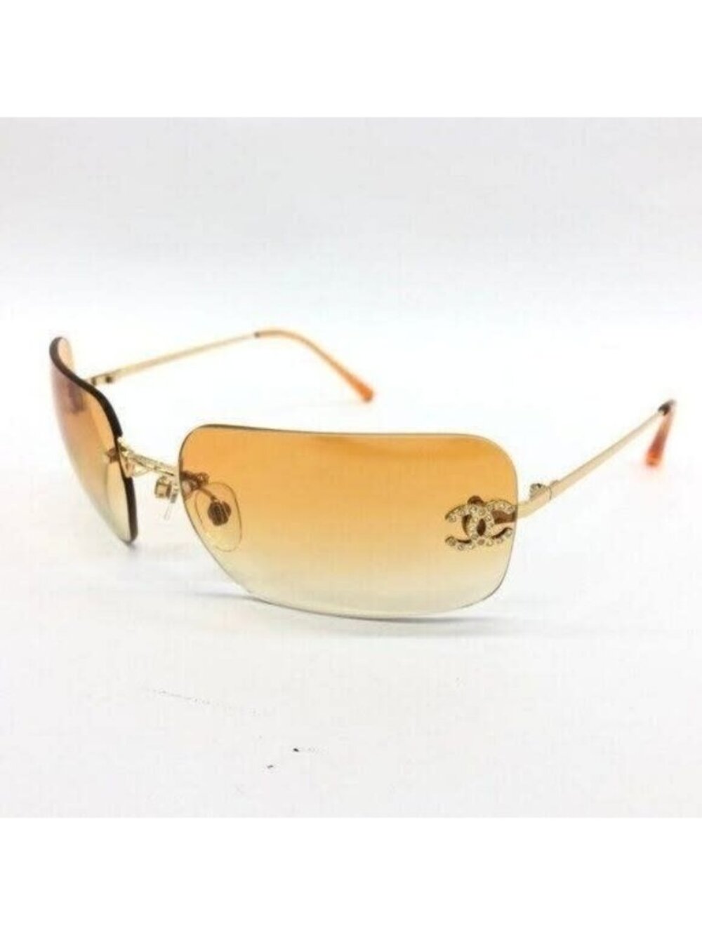 Chanel Vintage Sunglasses Rhinestone CC Logo Rimless Gradient Gold Orange