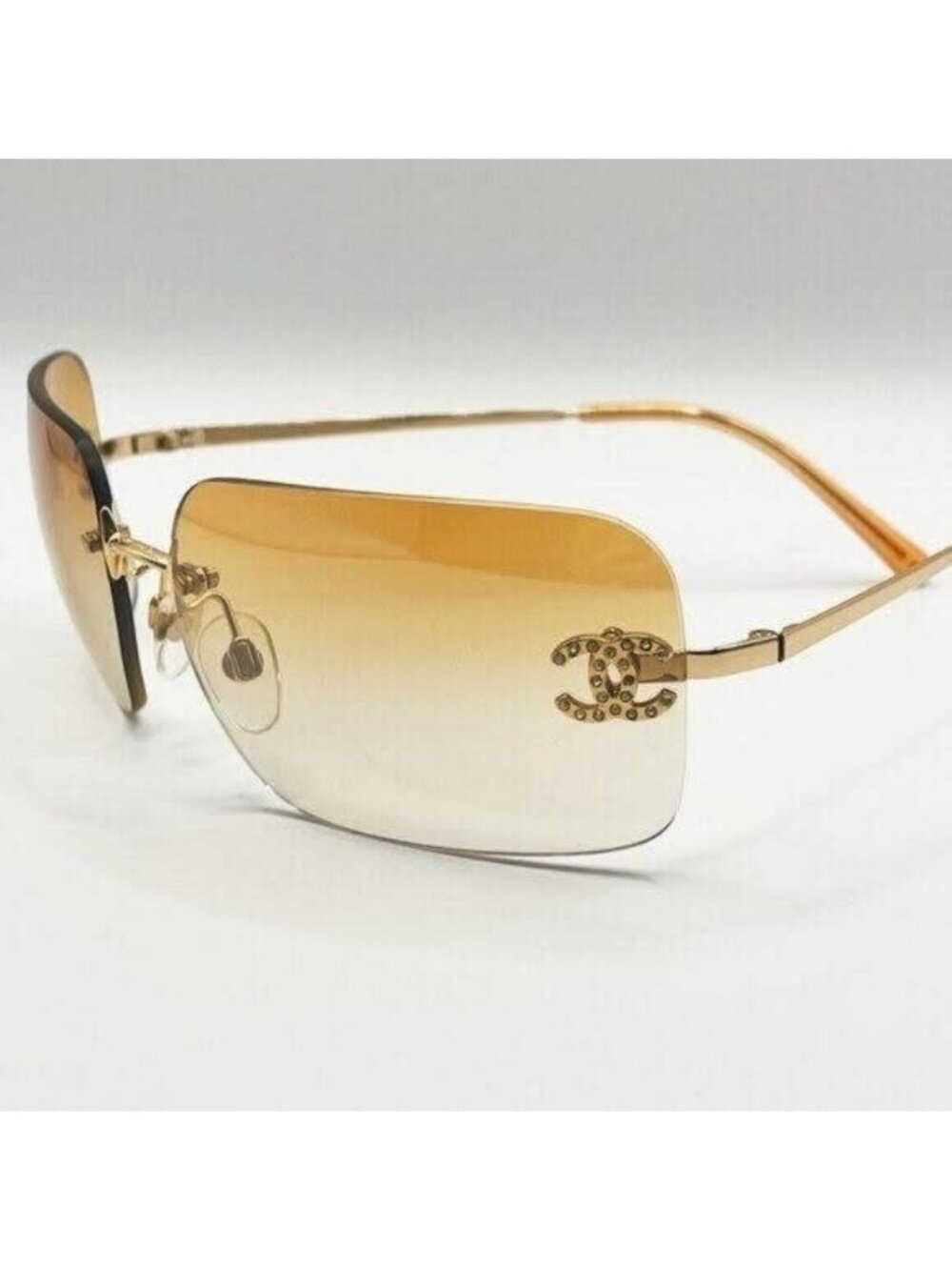 Chanel Vintage Sunglasses Rhinestone CC Logo Rimless Gradient Gold Orange