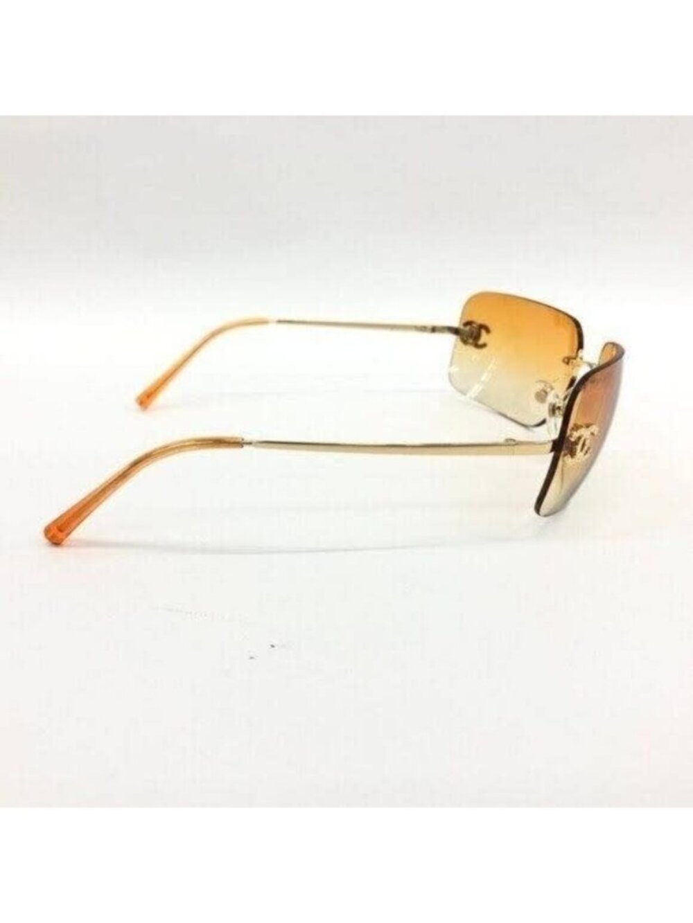 Chanel Vintage Sunglasses Rhinestone CC Logo Rimless Gradient Gold Orange