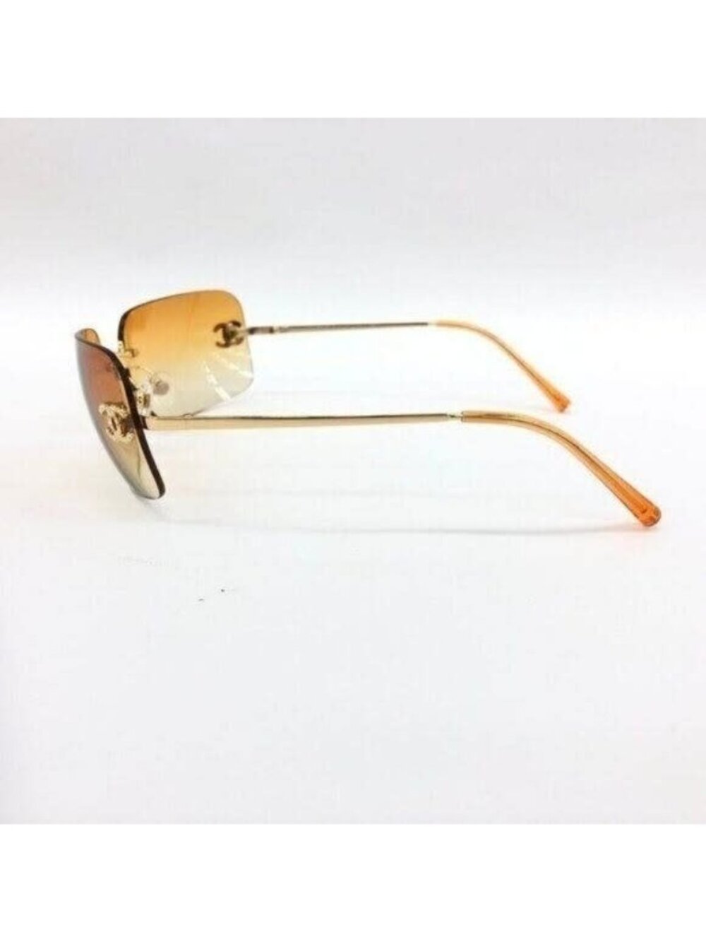 Chanel Vintage Sunglasses Rhinestone CC Logo Rimless Gradient Gold Orange