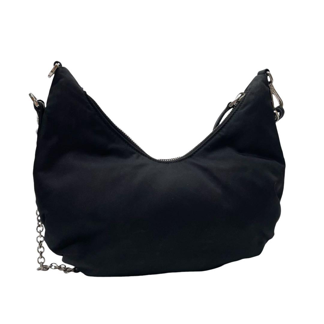 Prada Nylon Leather Chain Shoulder Bag Triangle Plate Logo Black — view 2