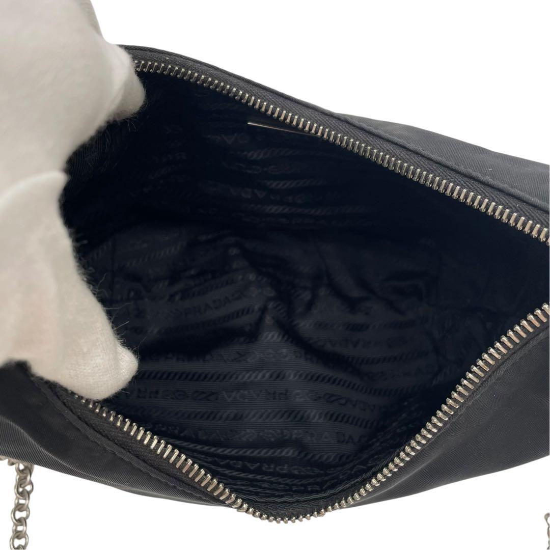 Prada Nylon Leather Chain Shoulder Bag Triangle Plate Logo Black — view 7