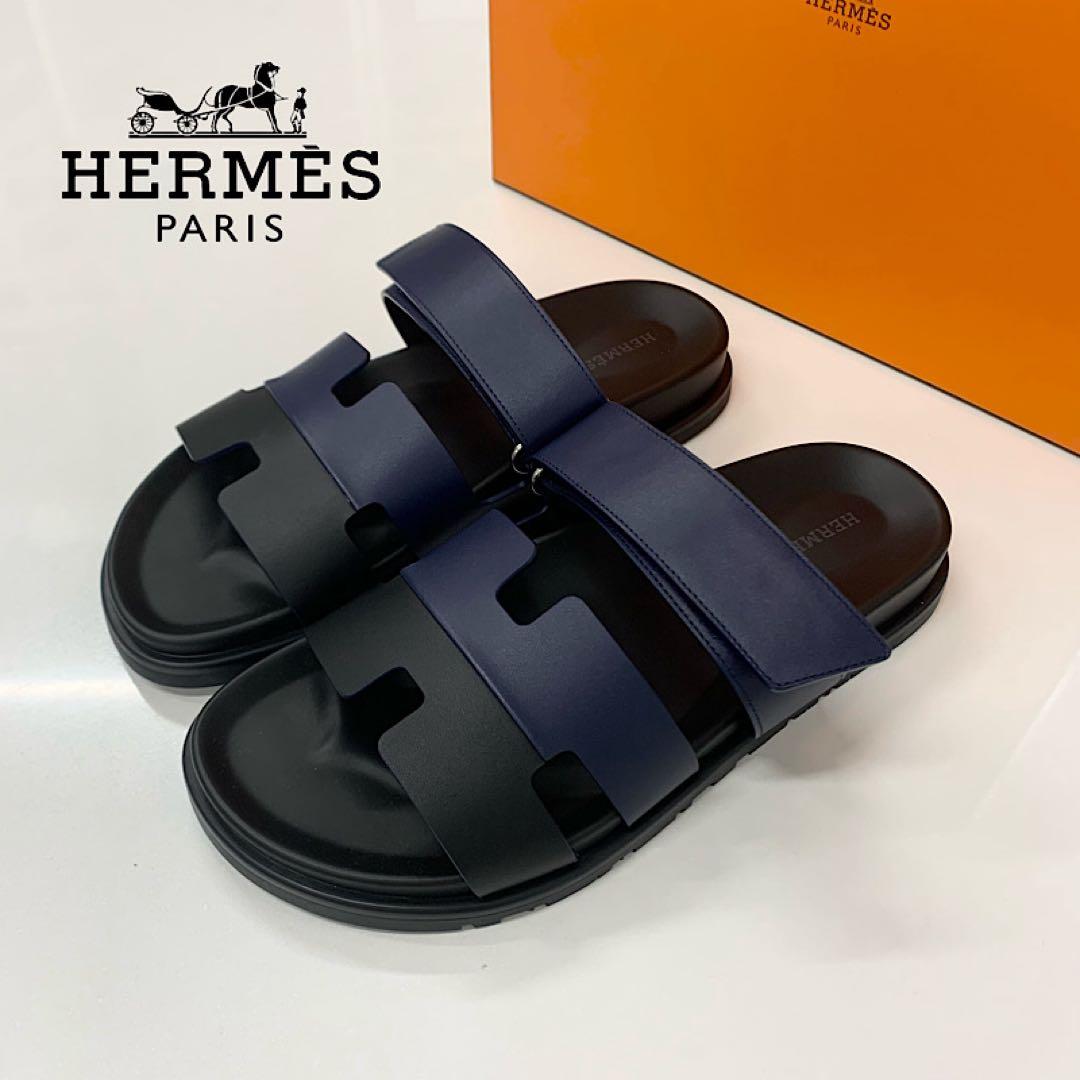 Hermes Chypre Leather Velcro Strap Sandals Navy Black