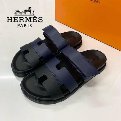 Hermes Chypre Leather Velcro Strap Sandals Navy Black