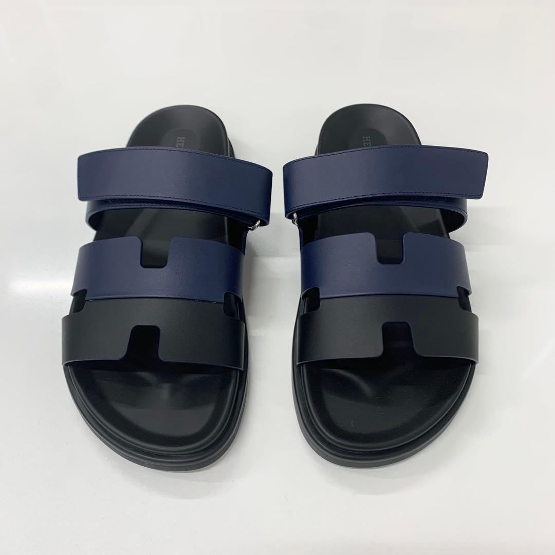 Hermes Chypre Leather Velcro Strap Sandals Navy Black — view 2