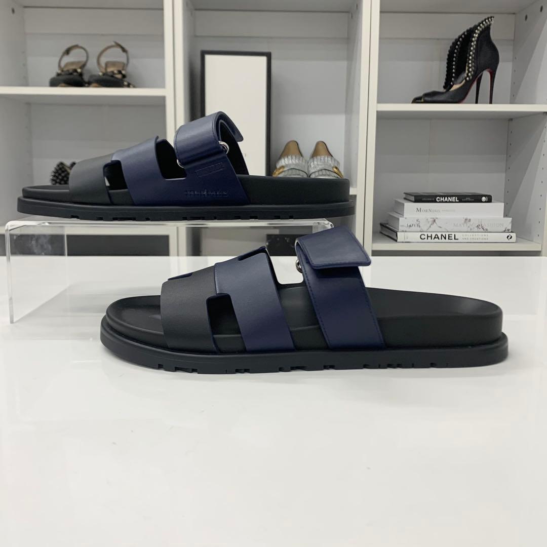 Hermes Chypre Leather Velcro Strap Sandals Navy Black — view 3