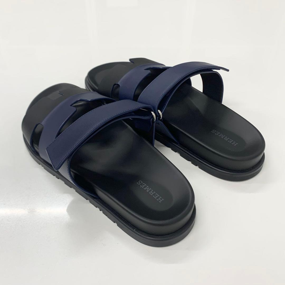 Hermes Chypre Leather Velcro Strap Sandals Navy Black — view 4