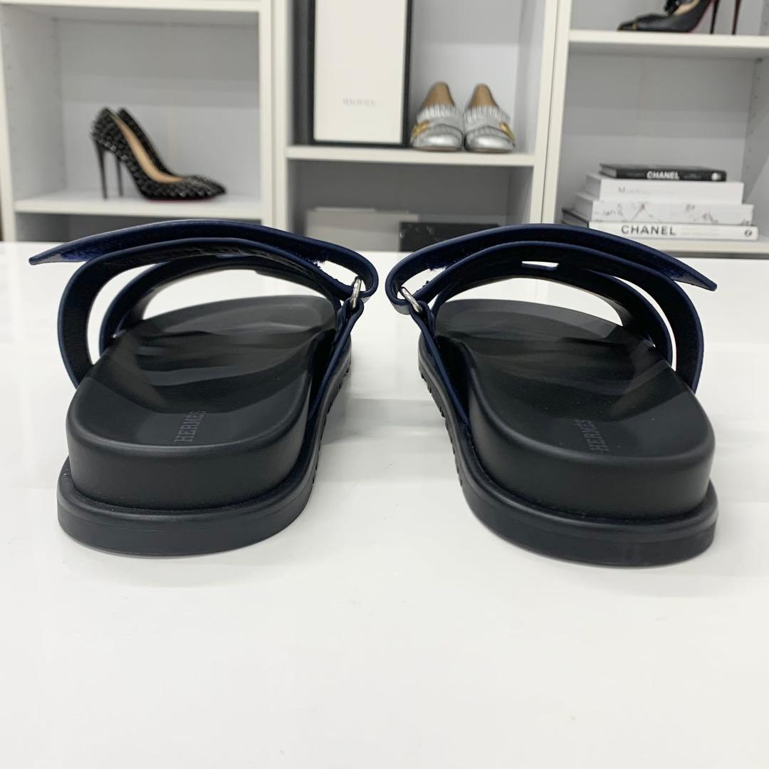 Hermes Chypre Leather Velcro Strap Sandals Navy Black — view 5