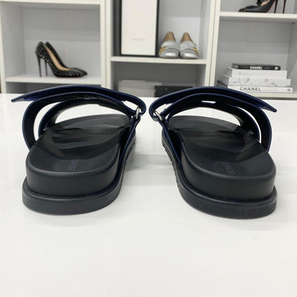 Hermes Chypre Leather Velcro Strap Sandals Navy Black — view 5
