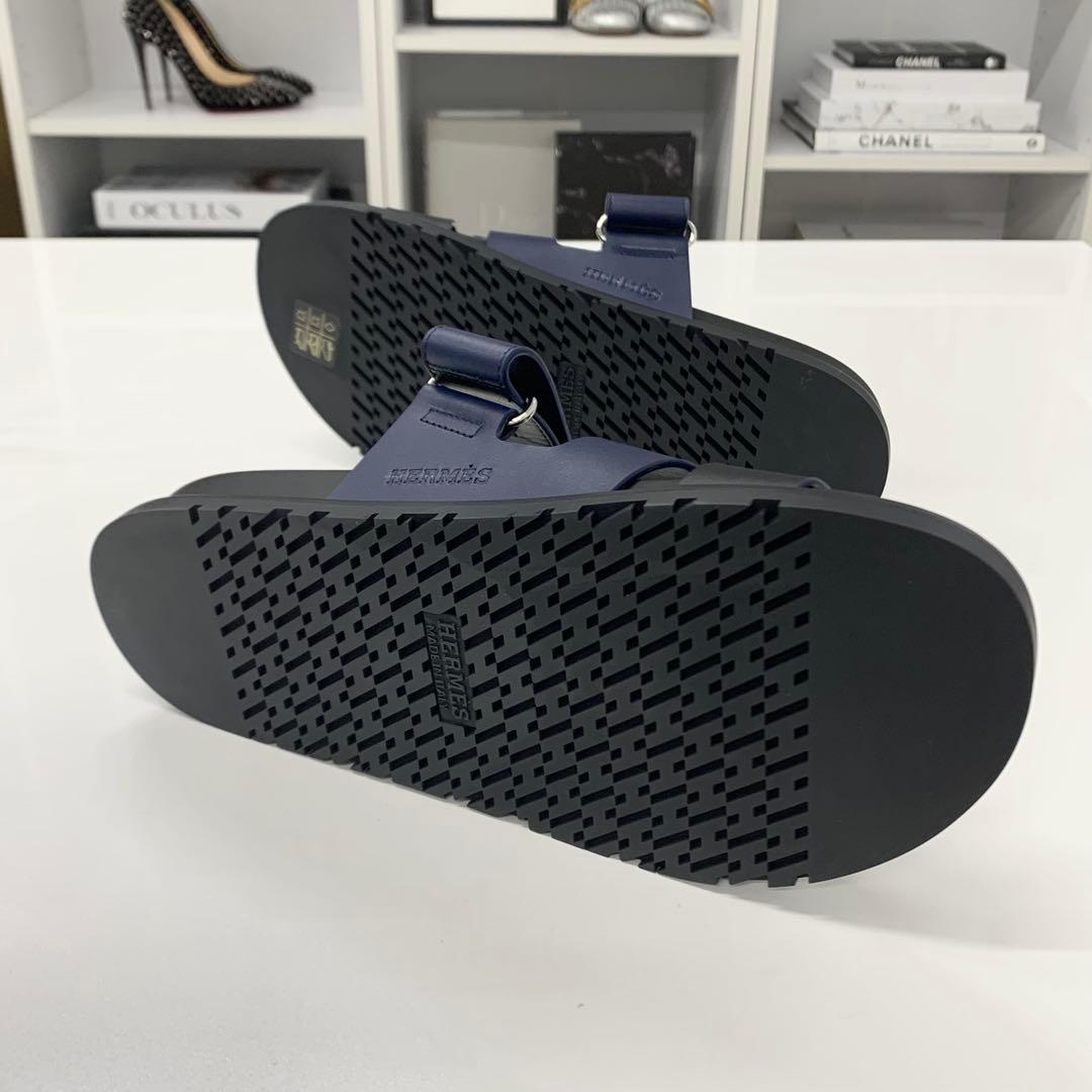 Hermes Chypre Leather Velcro Strap Sandals Navy Black — view 6