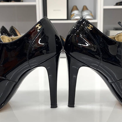 Chanel Patent Cocomark Lace Up Booties Black