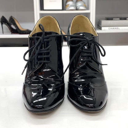 Chanel Patent Cocomark Lace Up Booties Black