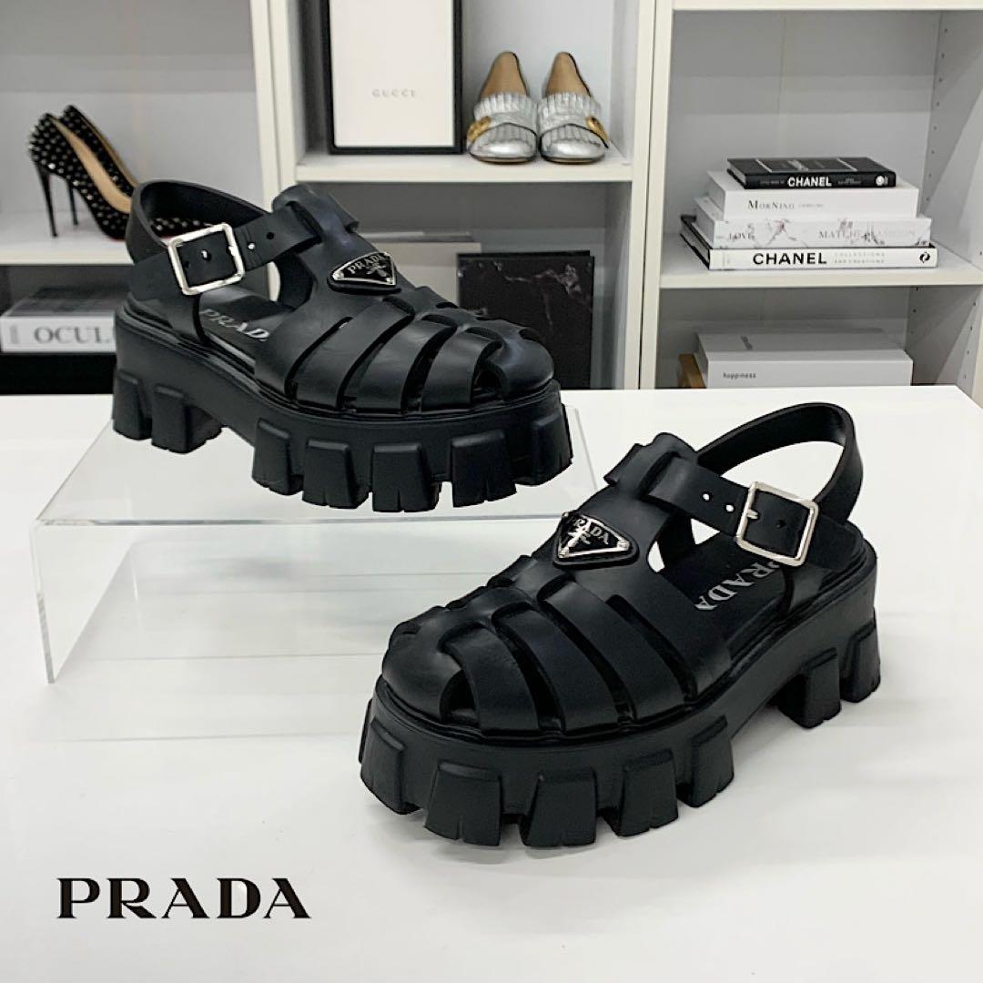 Prada Monolith Rubber Triangle Logo Sandals Black