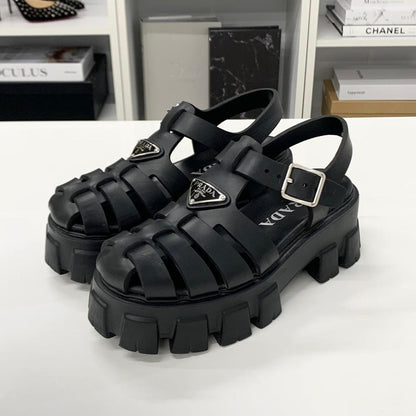 Prada Monolith Rubber Triangle Logo Sandals Black — view 3