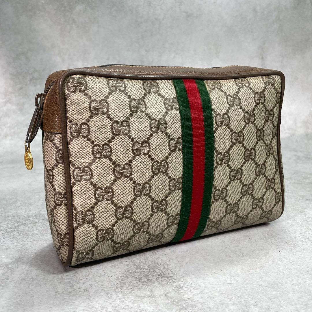Gucci GG Sherry Line Clutch Brown Logo Leather