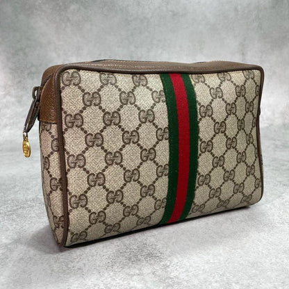 Gucci GG Sherry Line Clutch Brown Logo Leather