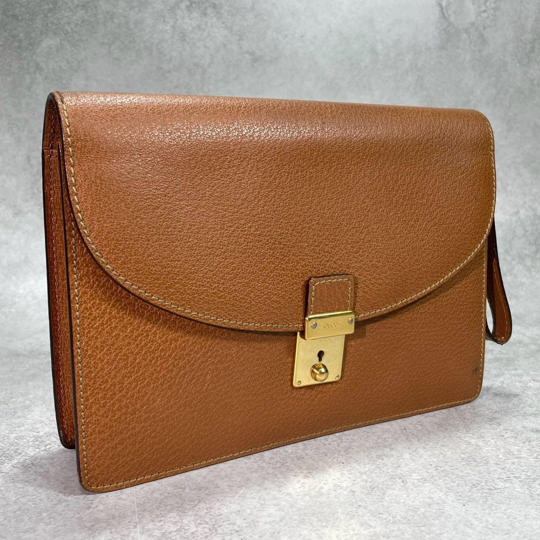 Gucci Clutch Brown Leather Logo Gold