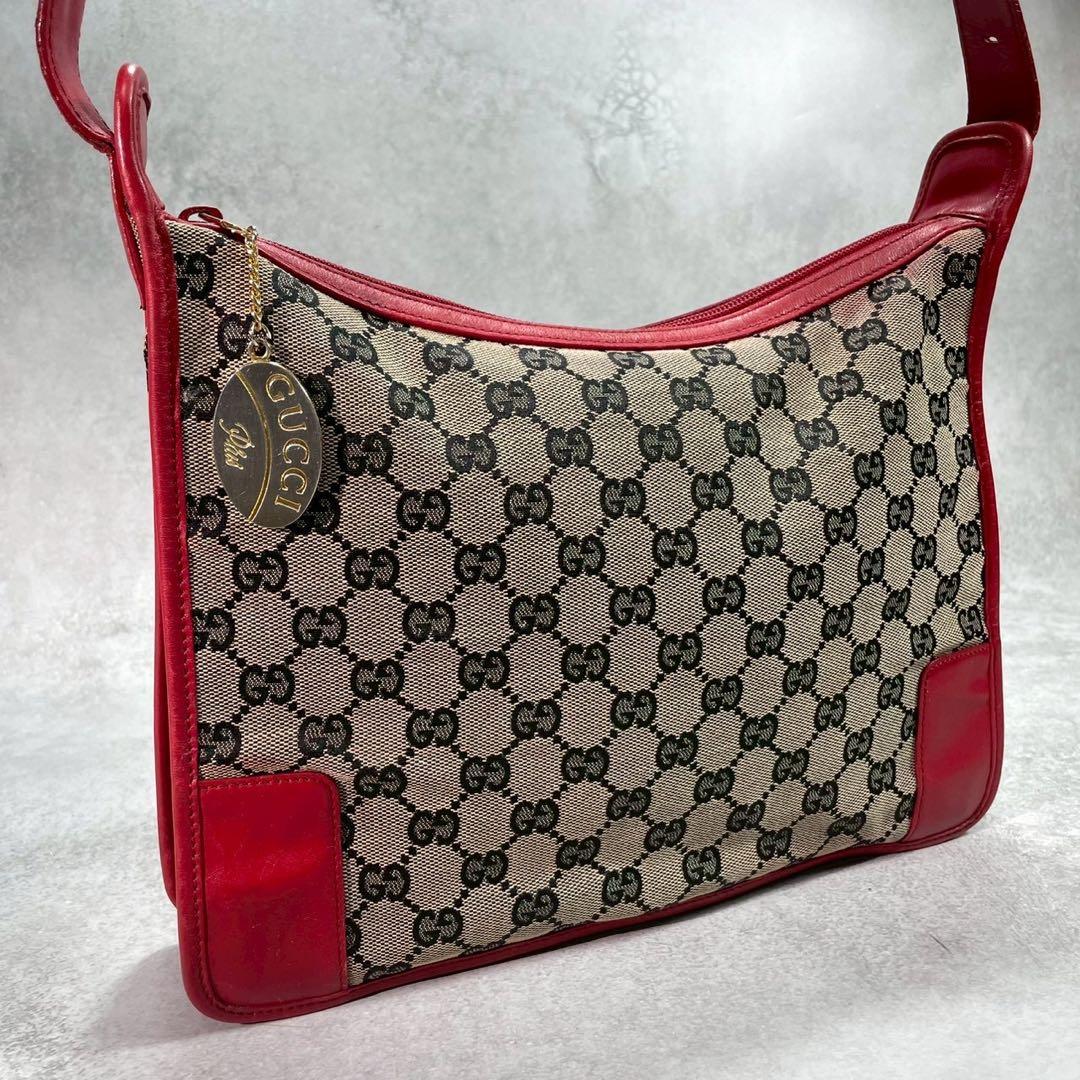 Gucci GG Shoulder Bag Beige Red Leather Logo