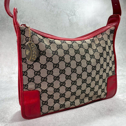 Gucci GG Shoulder Bag Beige Red Leather Logo