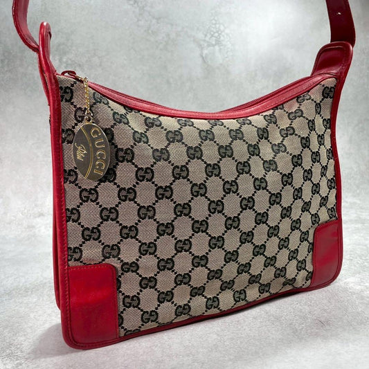 Gucci GG Shoulder Bag Beige Red Leather Logo