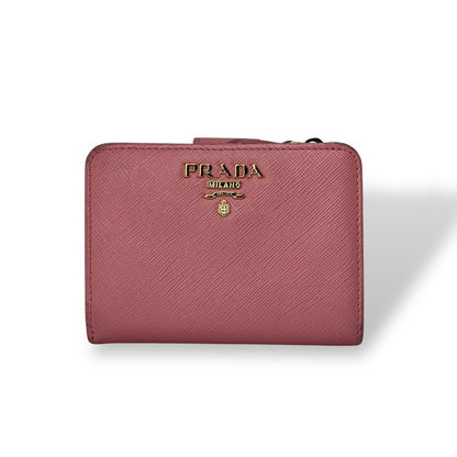 Prada Bifold Wallet with Metal Logo Compact Wallet Saffiano Pink