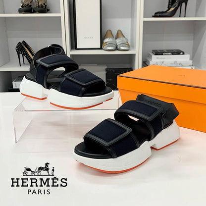 Hermes Geek Mesh Leather Velcro Strap Sandals Black