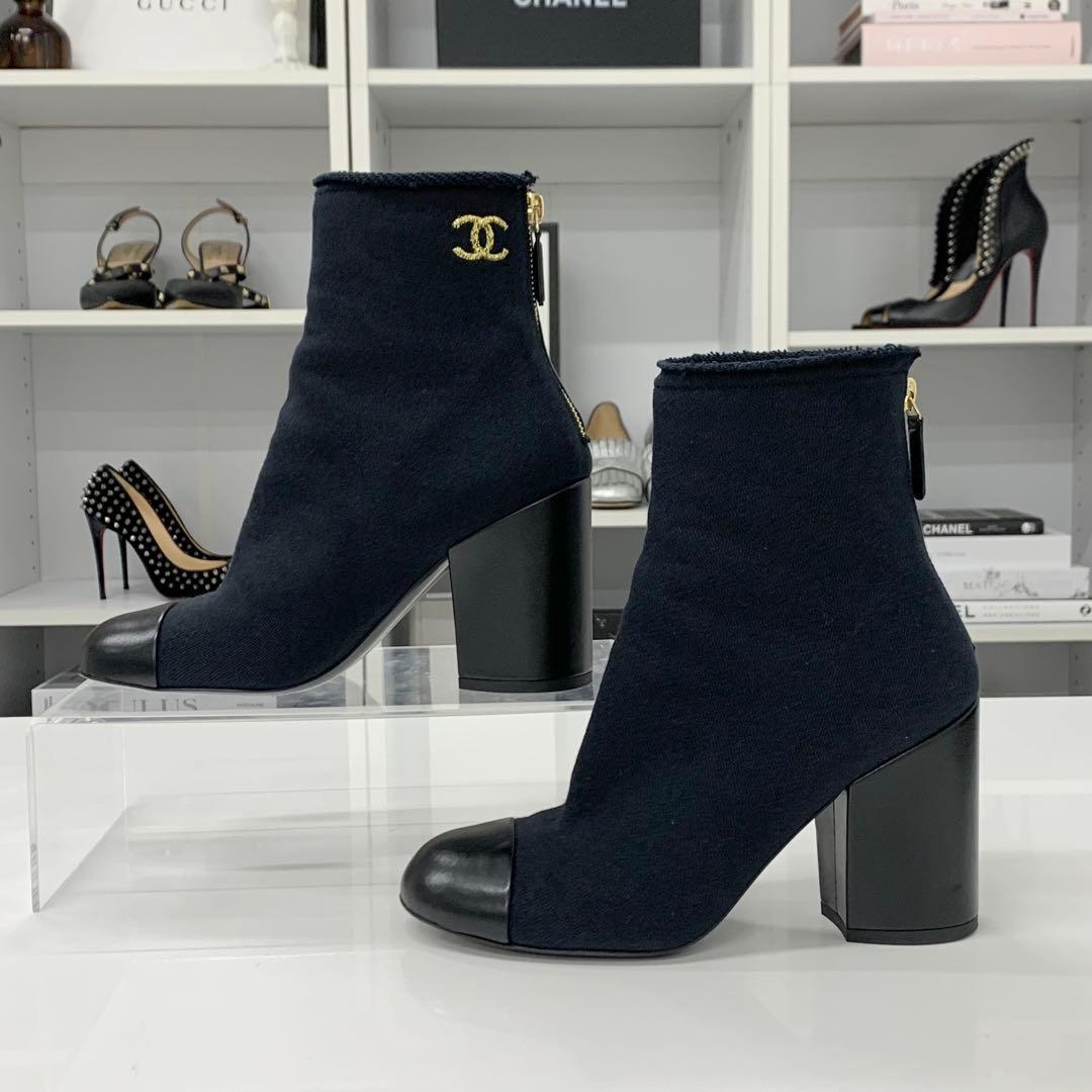 Chanel CC Logo Fabric Embroidery Short Boots Black — view 2