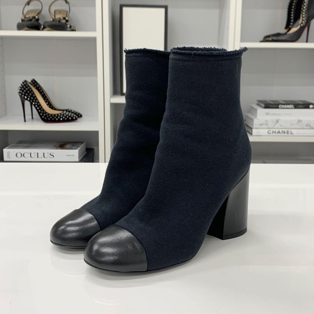 Chanel CC Logo Fabric Embroidery Short Boots Black — view 3