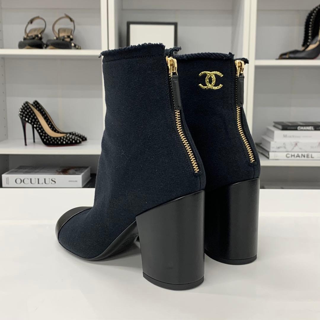 Chanel CC Logo Fabric Embroidery Short Boots Black — view 5