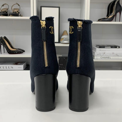Chanel CC Logo Fabric Embroidery Short Boots Black — view 6