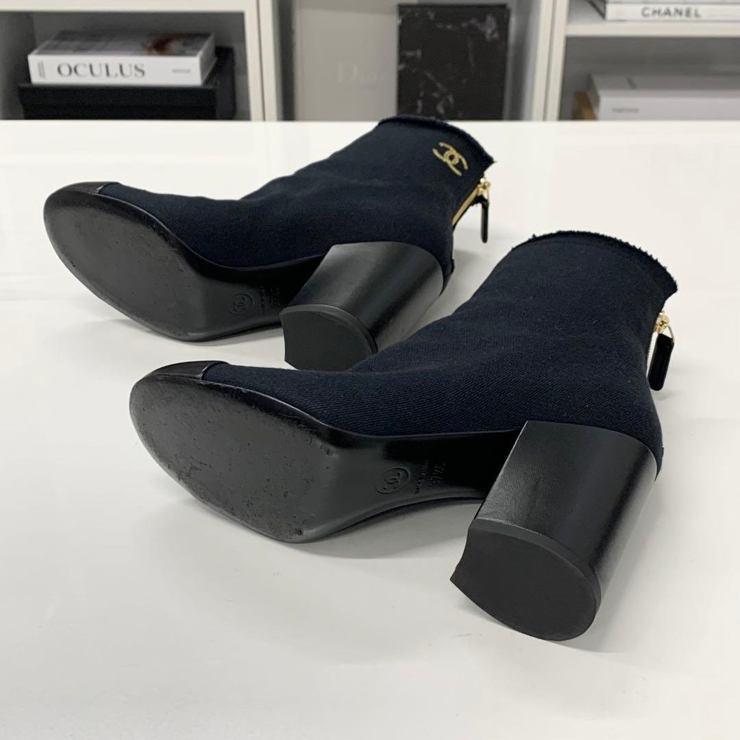 Chanel CC Logo Fabric Embroidery Short Boots Black — view 7