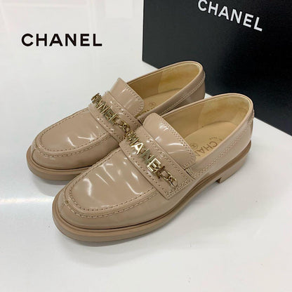Chanel Logo CC Chain Leather Loafers Beige