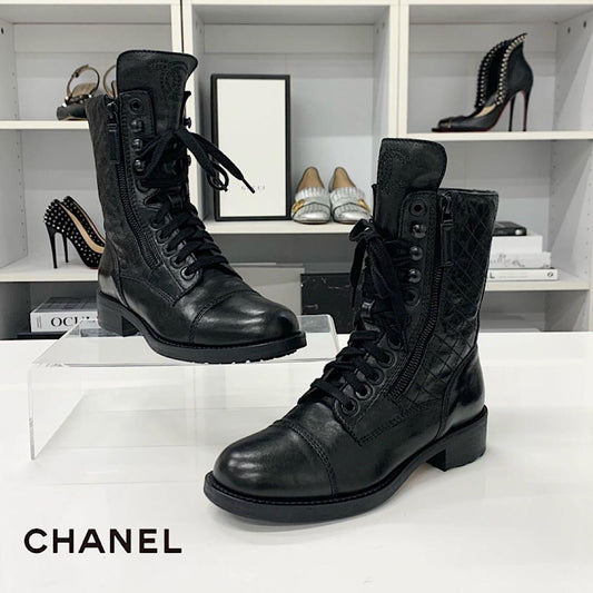 Chanel Cocomark Matelasse Leather Logo Short Boots Black