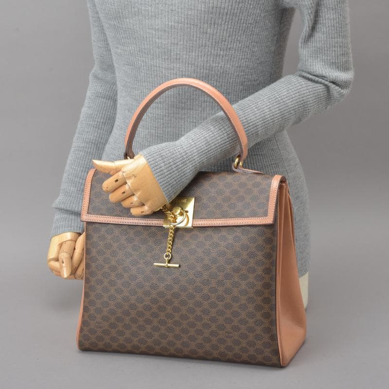 Celine◇ Macadam Handbag Mantel Chain Ring Hardware Leather Brown