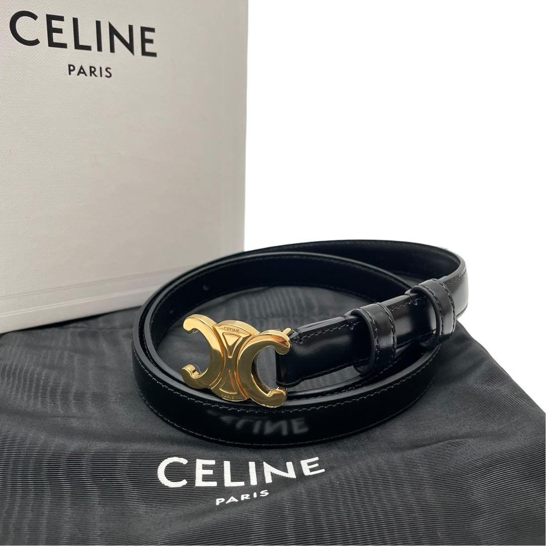 Celine Leather Triomphe Buckle Belt Gold Black