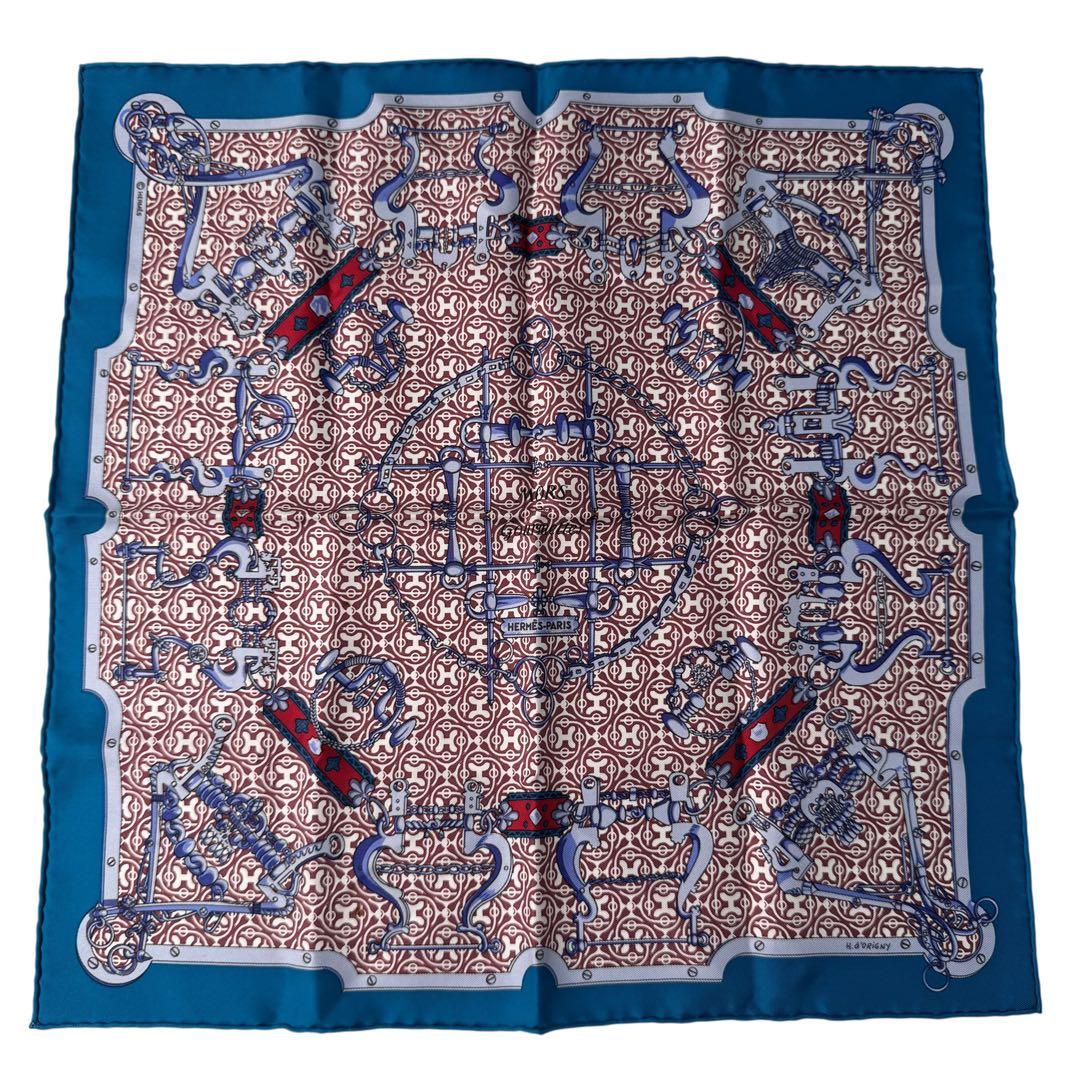 Hermes Carre 45 Blue Mors Et Gourmettes Vichy Scarf — view 2