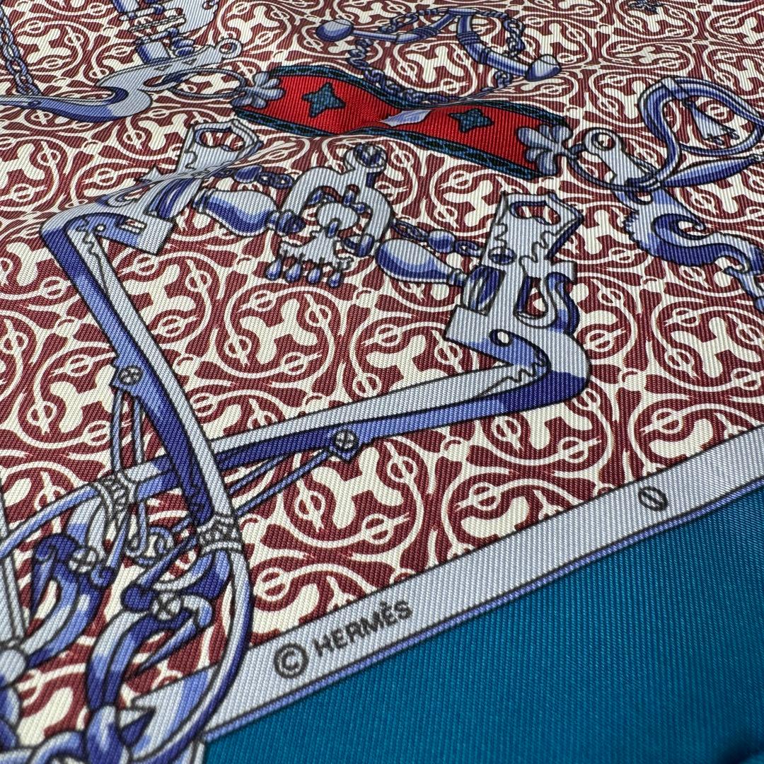Hermes Carre 45 Blue Mors Et Gourmettes Vichy Scarf — view 5