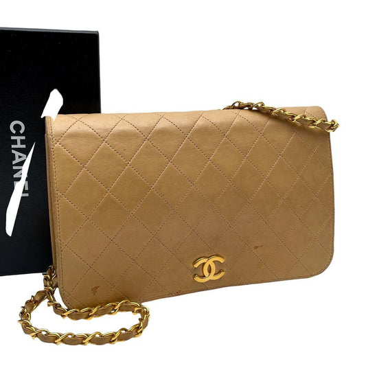 Chanel Quilted Chain Shoulder Bag Lambskin Leather Beige