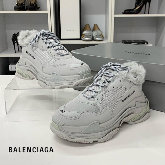 Balenciaga Triple S Mesh Leather Fur Logo Sneakers