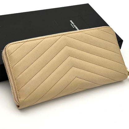 Saint Laurent Zip Around Wallet Stitch Beige Leather — view 2