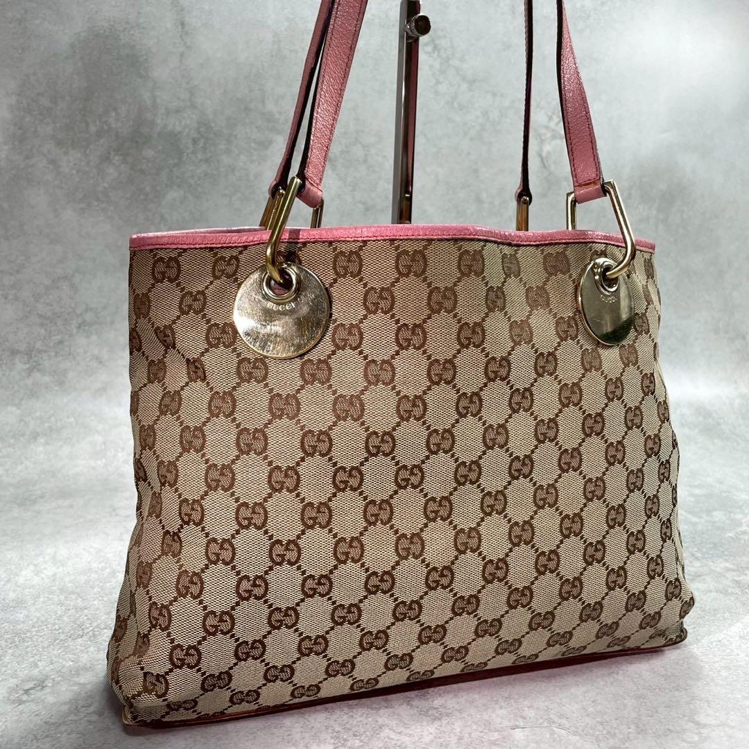 Gucci GG Tote Pink Canvas Leather Beige Logo