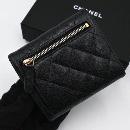 Chanel Quilted CC Logo Trifold Wallet Compact Classic Black