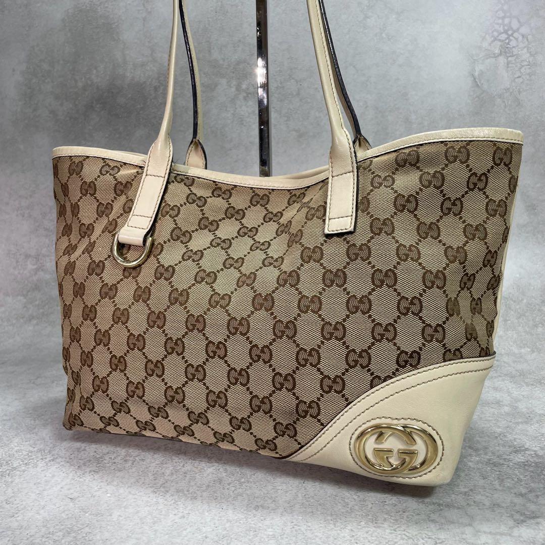 Gucci GG Tote Bag New Brit Beige Leather Logo