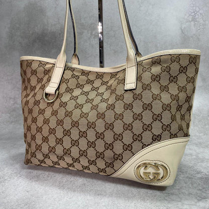 Gucci GG Tote Bag New Brit Beige Leather Logo
