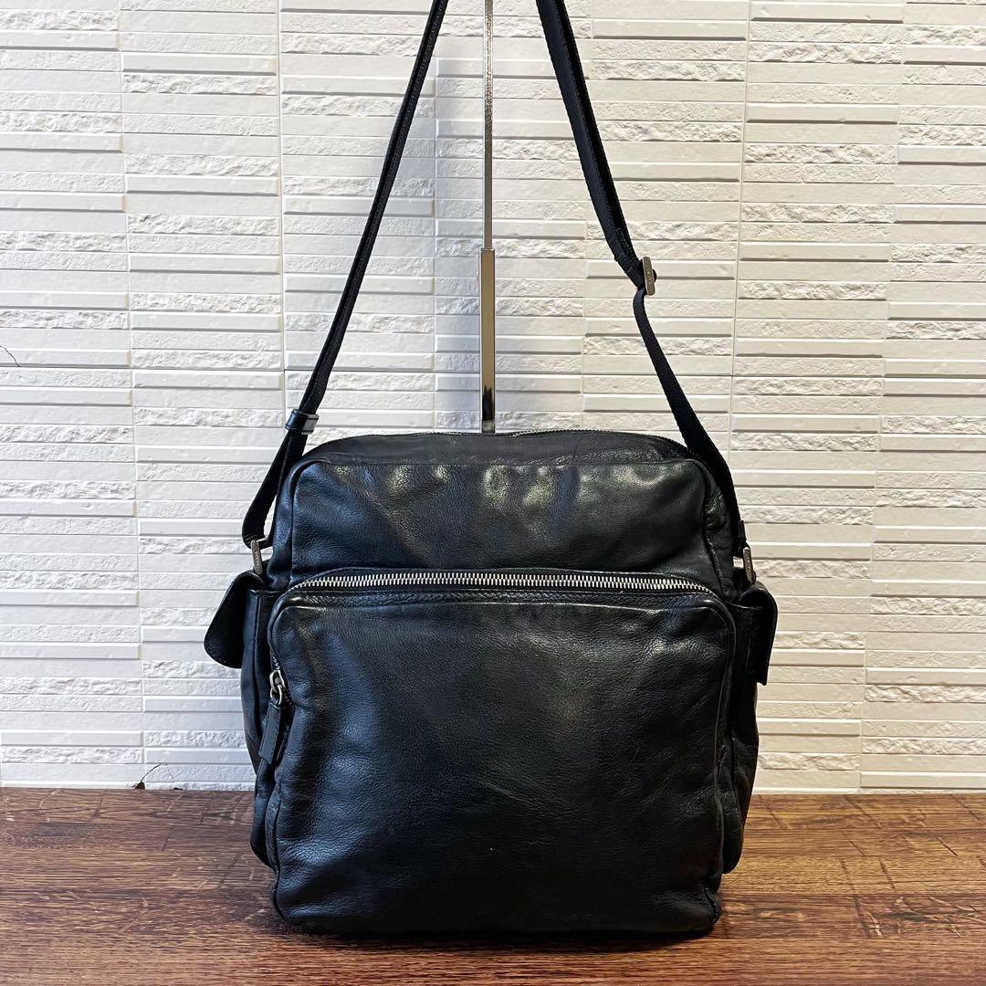 Good Prada Leather Triangle Plate Logo Shoulder Bag Black