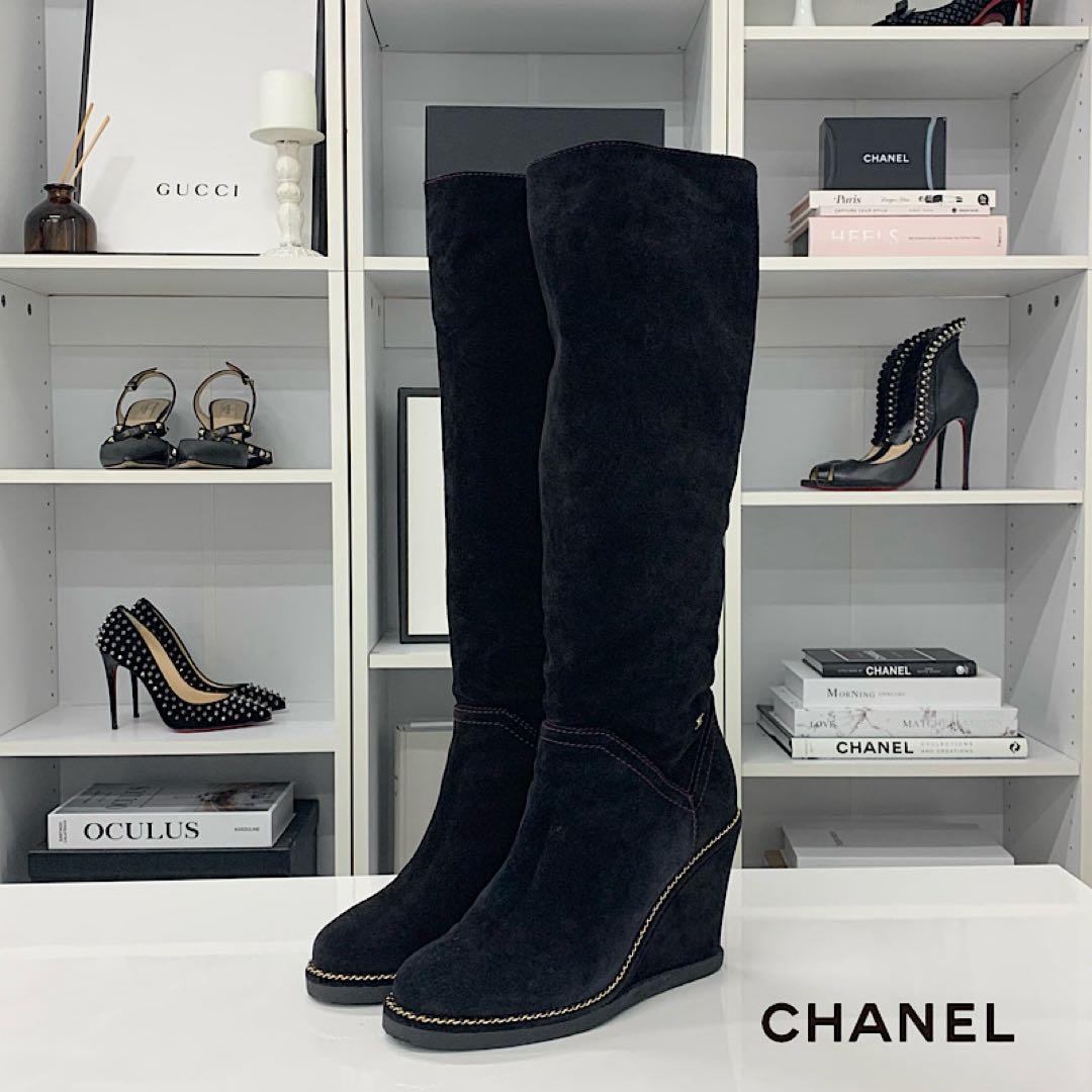 Chanel Suede CC Logo Chain Wedge Sole Long Boots Black