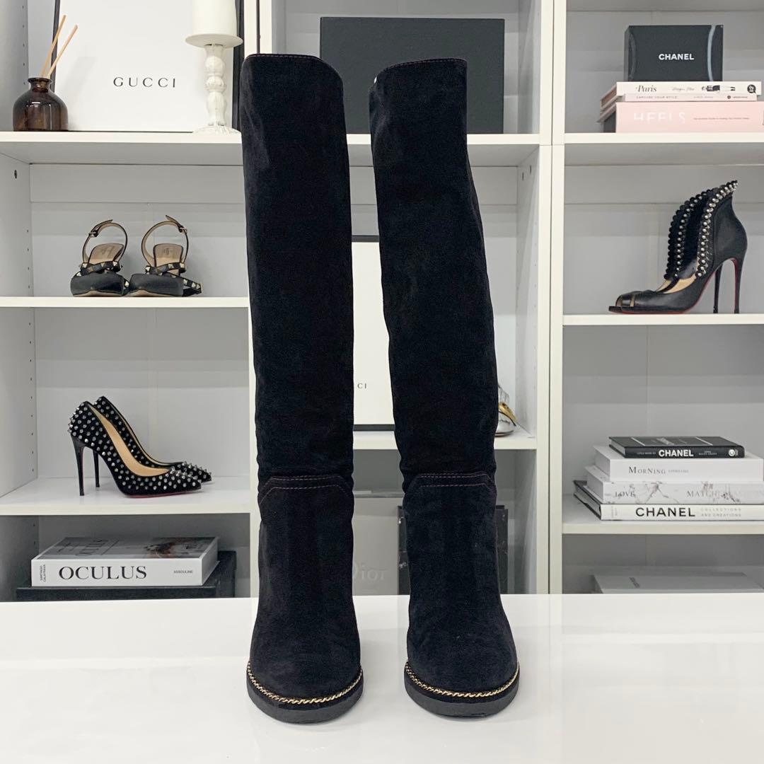 Chanel Suede CC Logo Chain Wedge Sole Long Boots Black — view 2