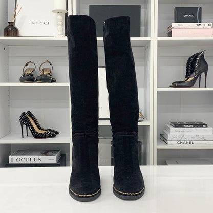 Chanel Suede CC Logo Chain Wedge Sole Long Boots Black — view 2